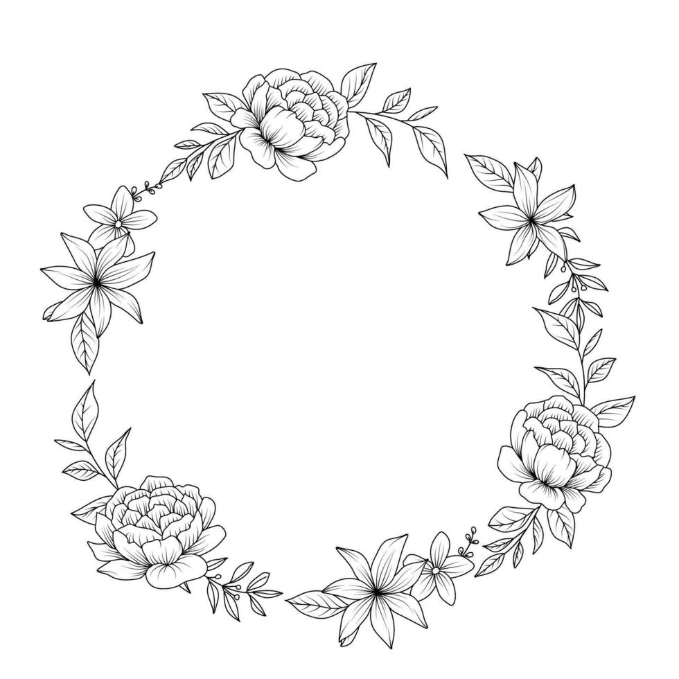 Flower Frame. Hand drawn Botanical vector illustration. Black and white wreath.