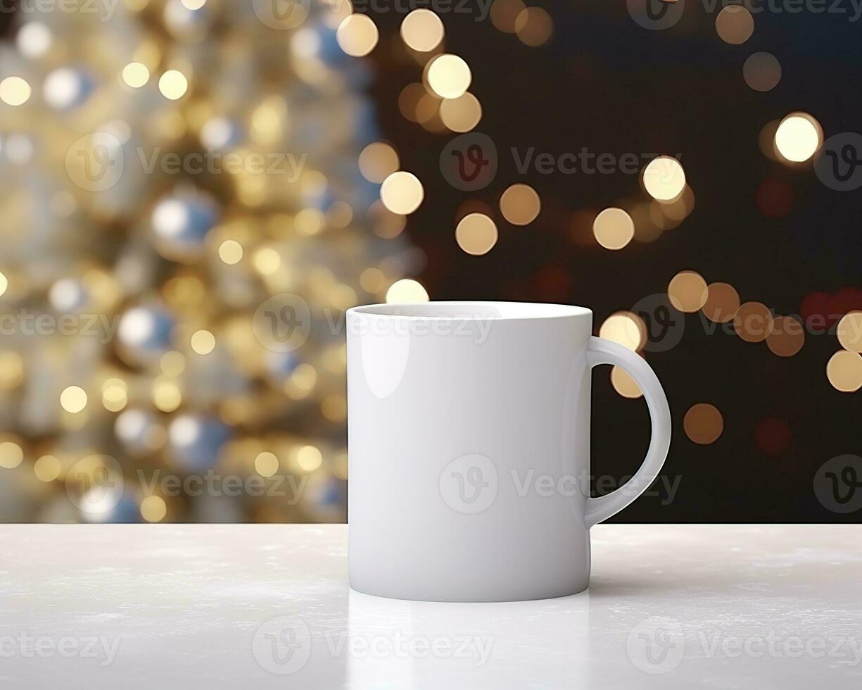 White mug on a white table with bright lights in defocus and gifts in the background. Close-up of a ceramic cup for advertising and design for New Year and Christmas. Generative AI photo