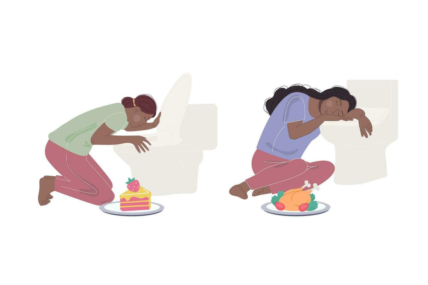 bulimia comiendo trastorno. ilustración de un africano americano mujer cerca el baño vector