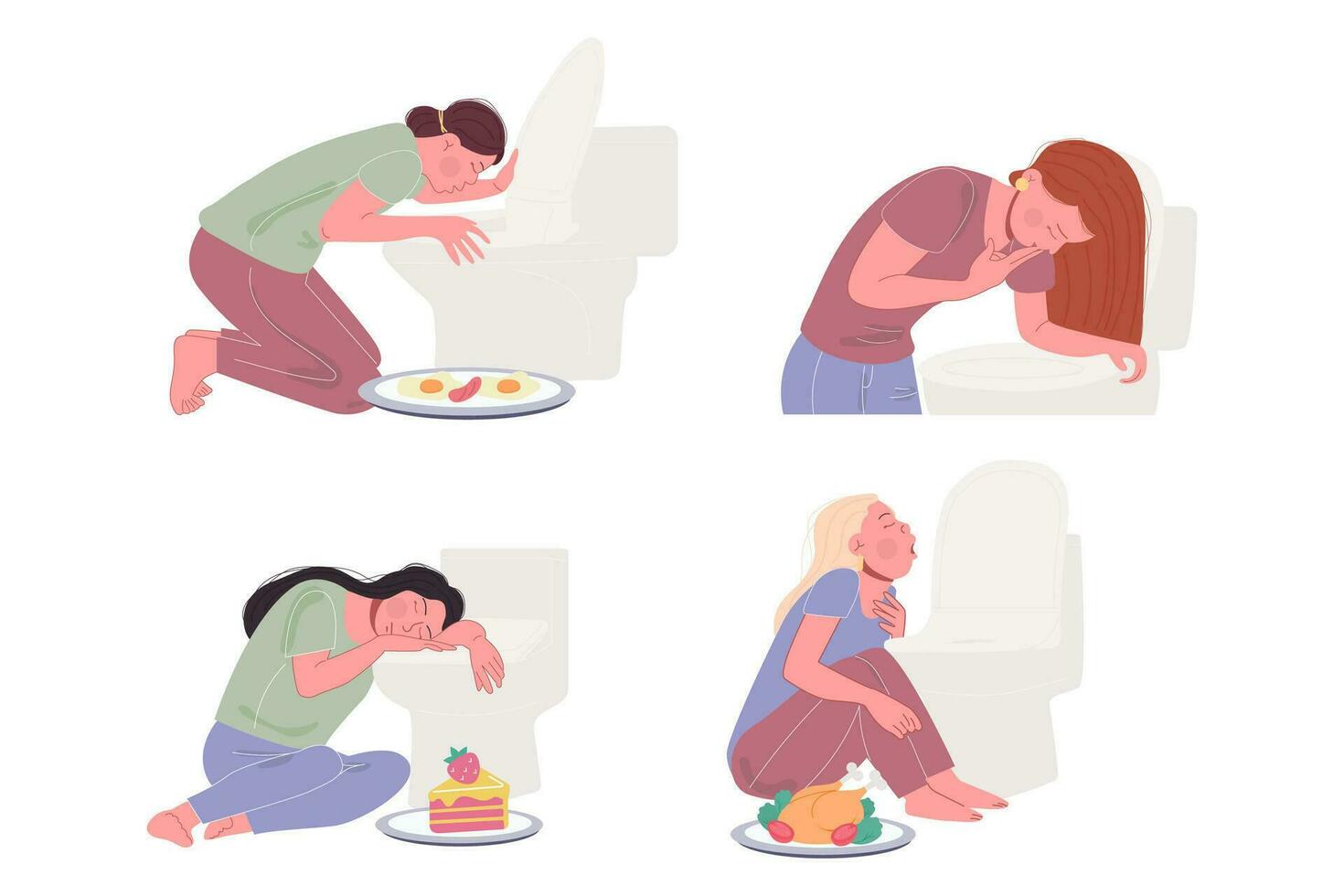 Bulimia eating disorder. Illustration of a person near a toilet vector