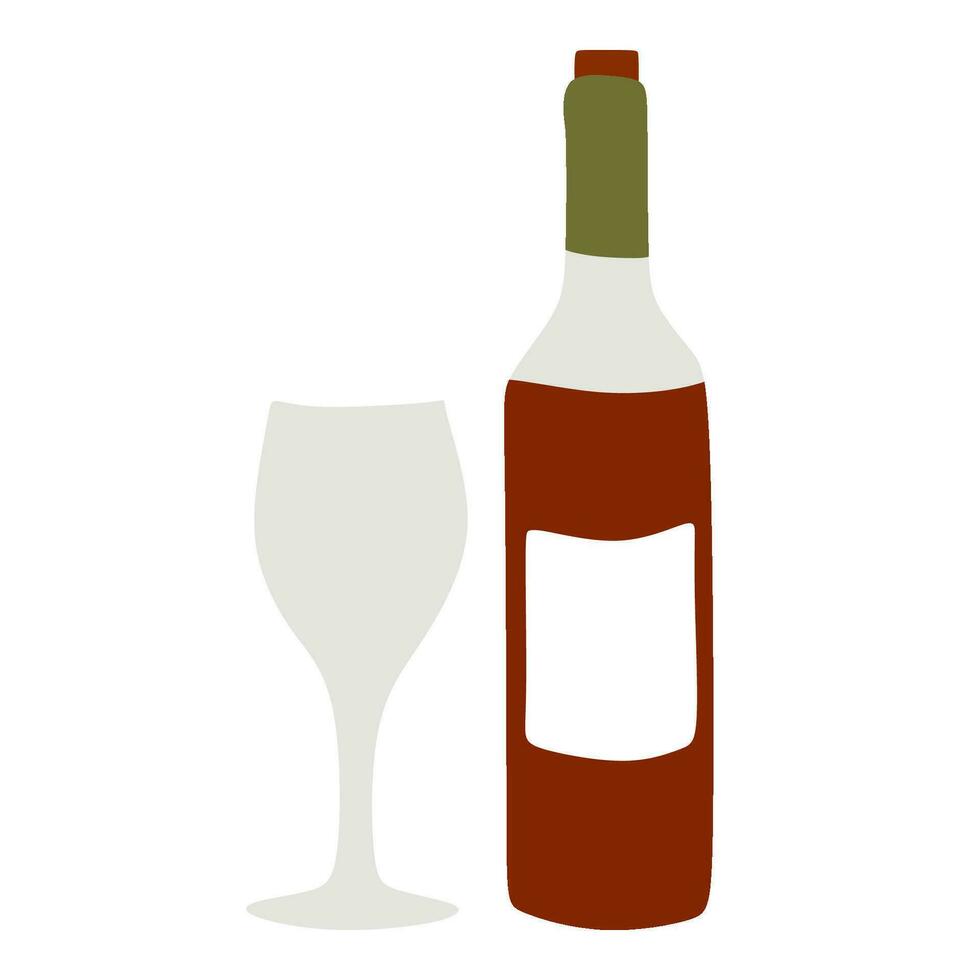 Wine bottle and glass isolated on white background. Flat vector illustration. Red alcohol beverage and wineglass, Festive and Greeting element. For Postcard design, Menu, Drink card.