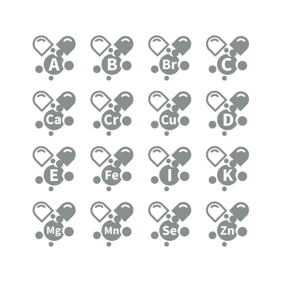 Vitamin C, B, D capsules vector icon set. Micronutrients and supplements, magnesium and zinc icons.