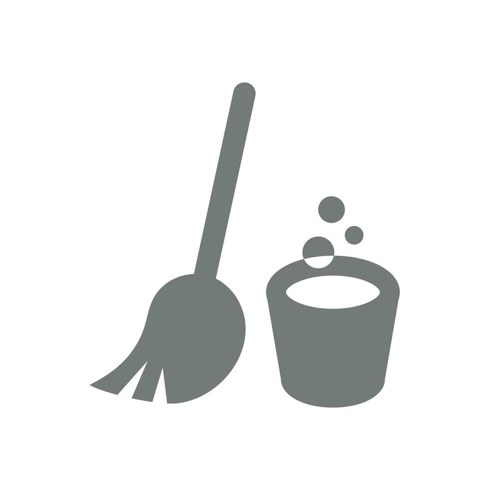 Mop or broom and bucket vector icon. Cleaning and housekeeping symbol.