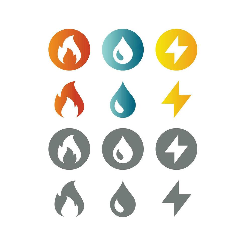 Gas, water and electricity vector icon set. Utilities with fire, drop and bolt icons.