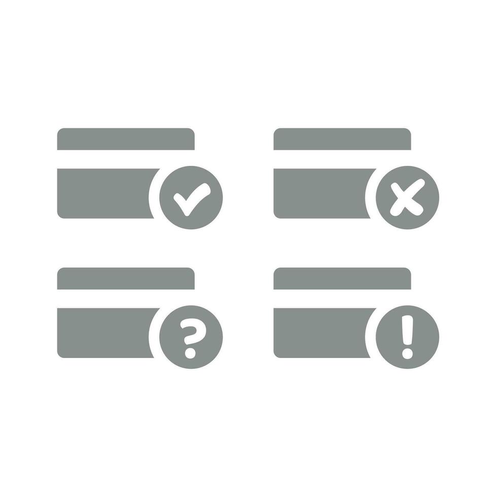 Credit and debit card accepted and rejected icons. Approved payment and declined vector icon set.