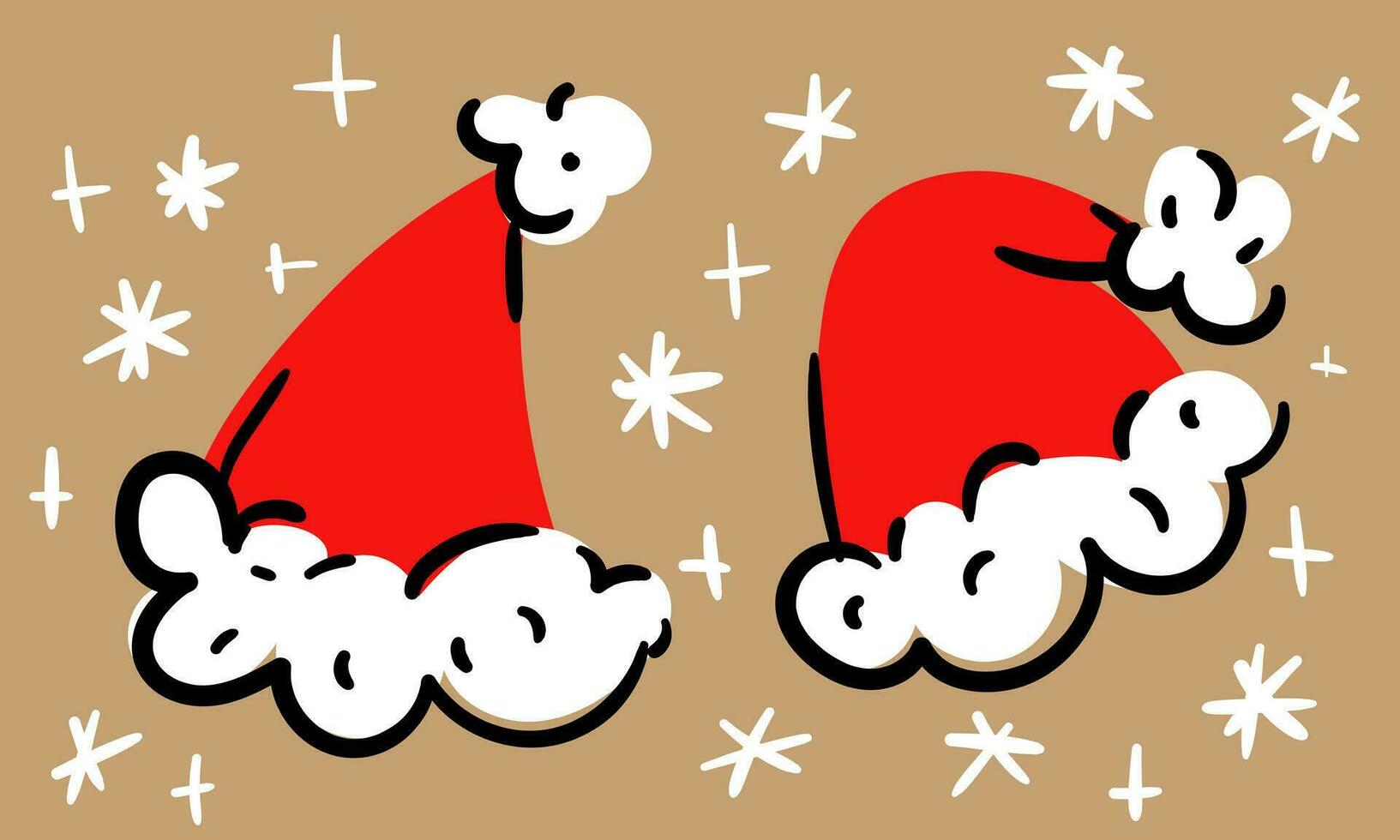 Christmas set of Santa Claus hats on a background of snowflakes. The New Year's Red hat is isolated on a light background. Vector illustration. Doodle sketch