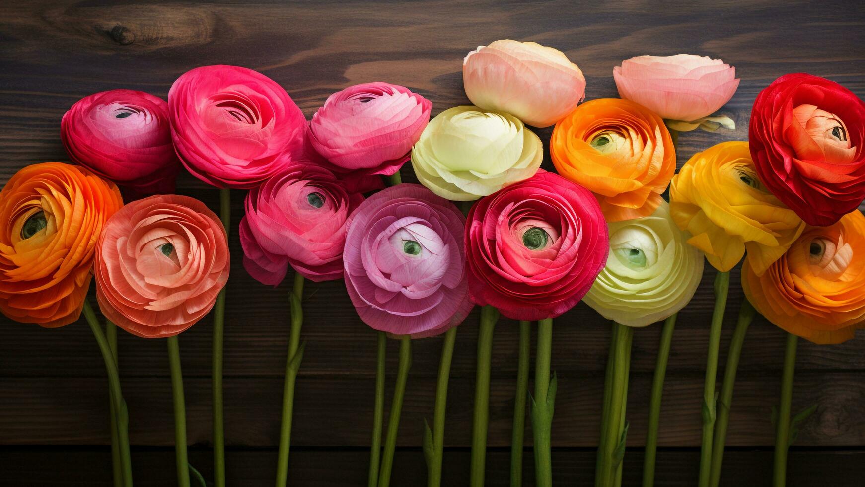 Ranunculus Flower on Wood Background with Copy Space, AI Generative photo
