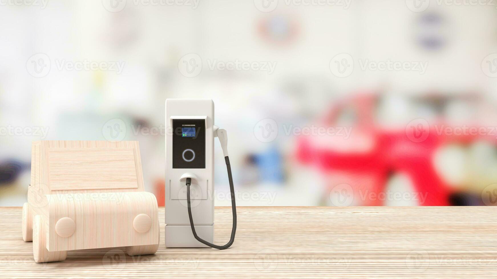 Ev station and wood car  on Table for Technology concept 3d rendering photo