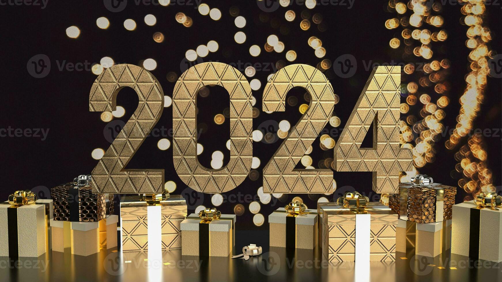 The 2024 gold and gift box for celebration concept 3d rendering. photo