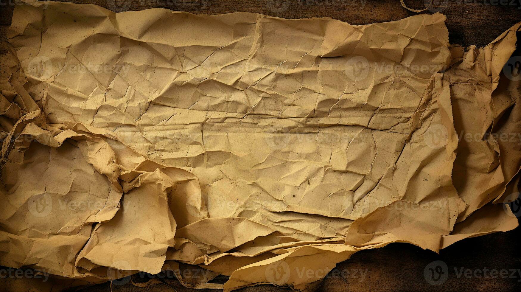 Close up of a piece of crinkled parchment, with sepia-toned streaks and creases. It looks like an old manuscript, with a story to tell. Generative AI photo