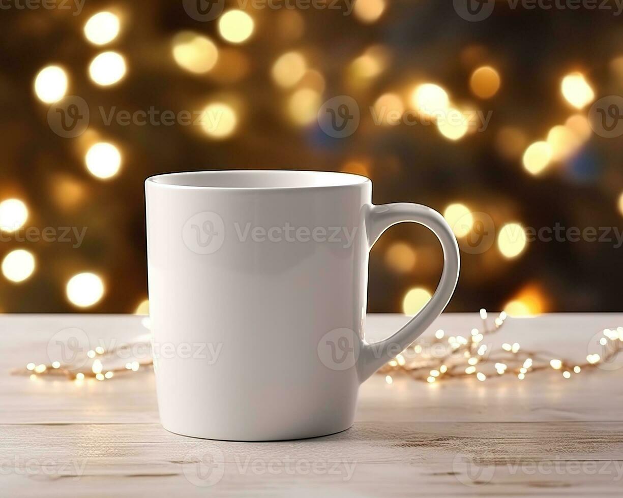 White mug on a white table with bright lights in defocus and gifts in the background. Close-up of a ceramic cup for advertising and design for New Year and Christmas. Generative AI photo