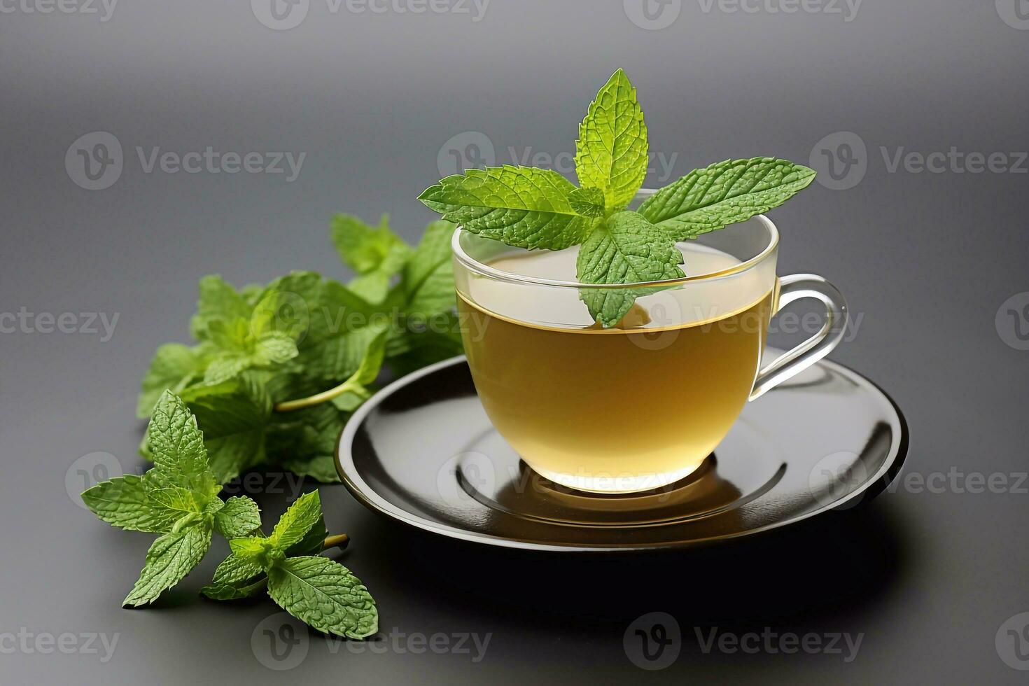 Cup of green tea with mint leaves on dark background, closeup Generative AI photo