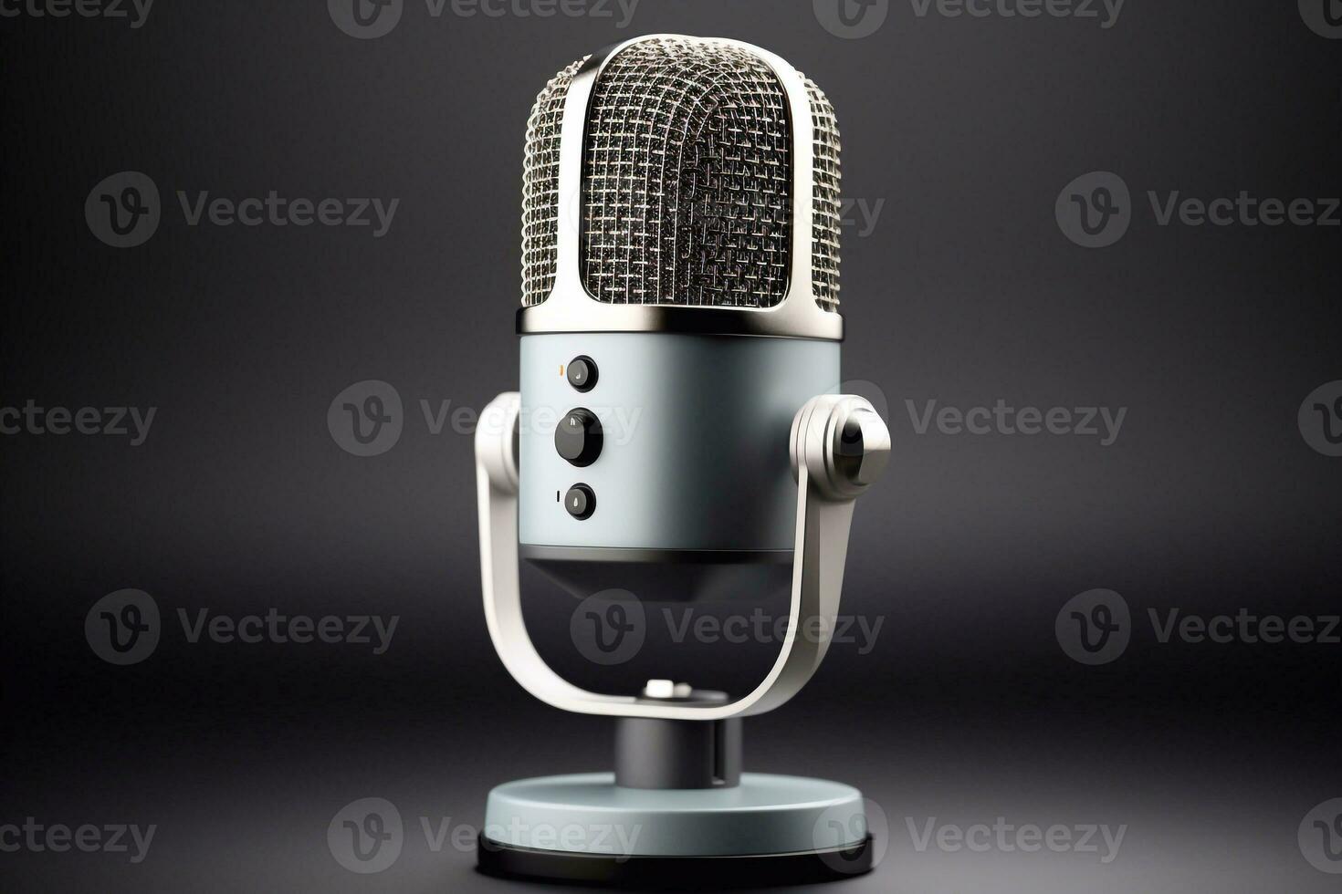 3d rendering of a microphone on a gray background. Studio shot. broadcast, speak, sing, voice, mic and speech concept Generative AI photo