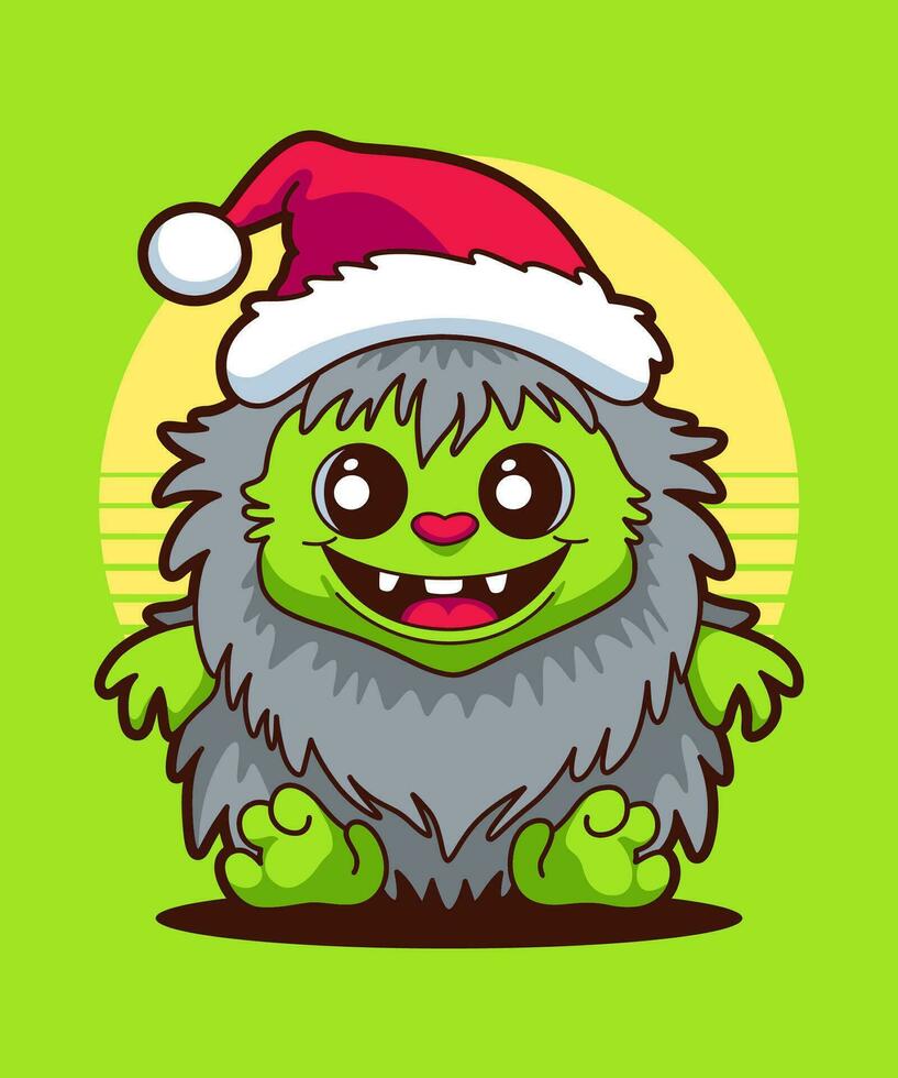 Christmas Monster Wearing Santa Claus Hat 02. Cartoon Illustration Style. vector