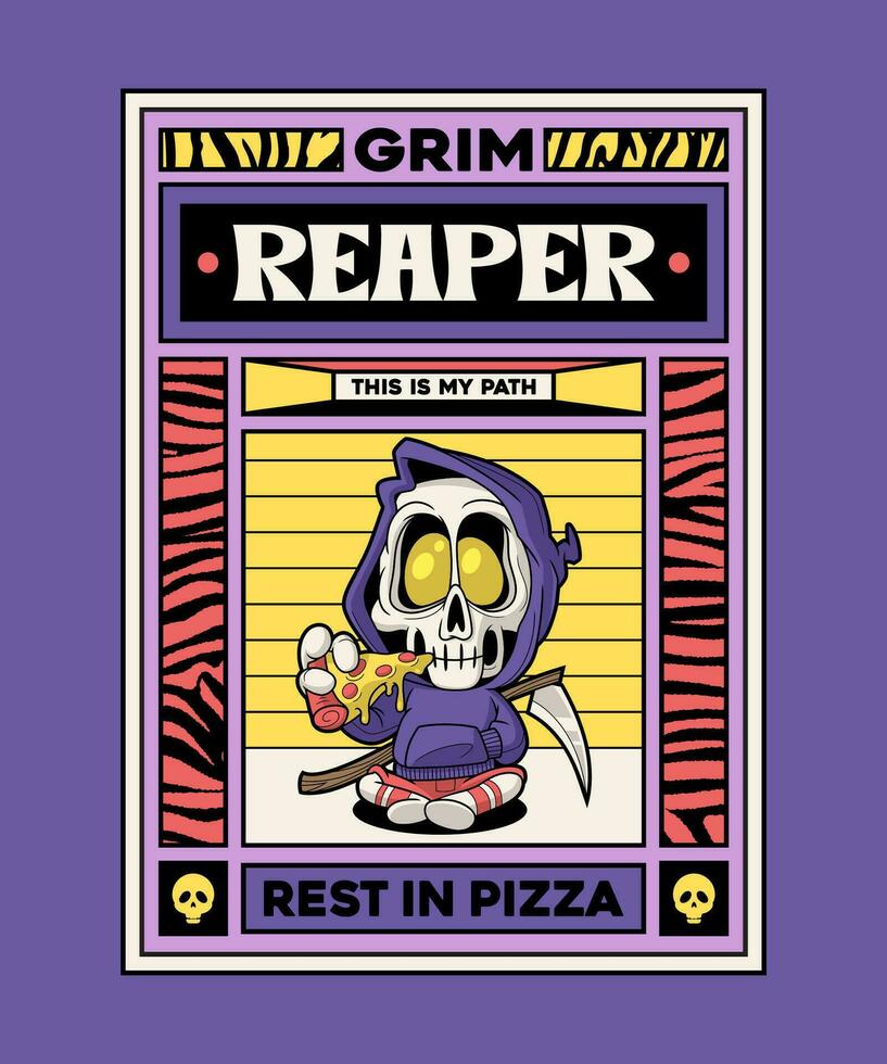 Grim Reaper Pizza. Spooky Horror Cartoon On Art Deco Illustration Style. vector