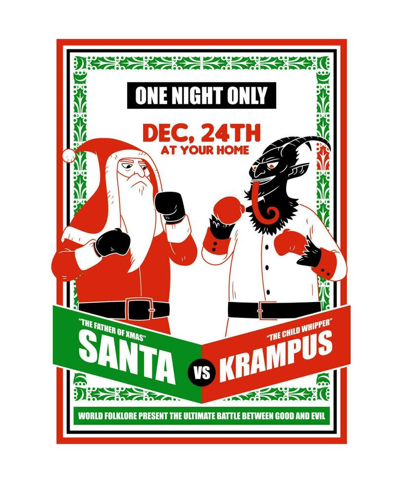 Santa VS Krampus. Funny Christmas Cartoon Illustration. vector