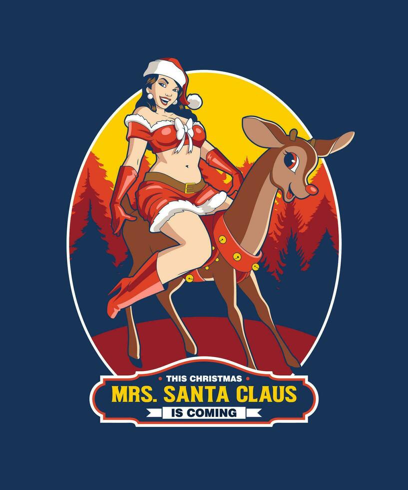 Mrs Santa Claus is coming. Funny Christmas Cartoon Illustration. vector