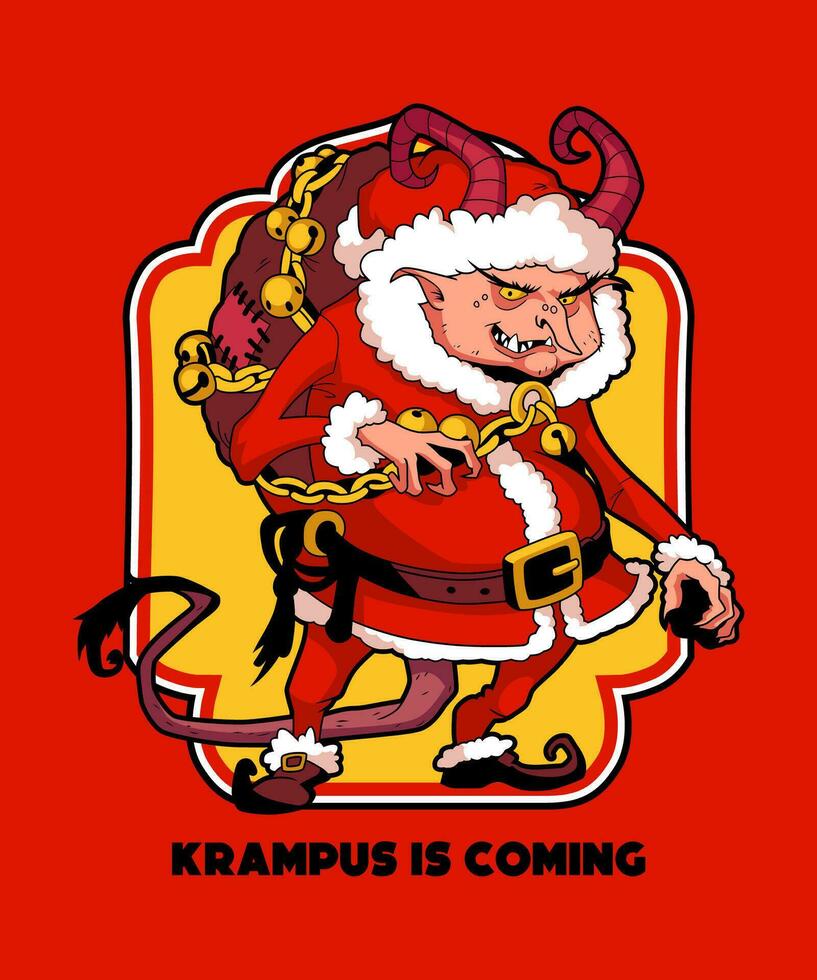 Krampus is Coming. Funny Christmas Cartoon Illustration. vector