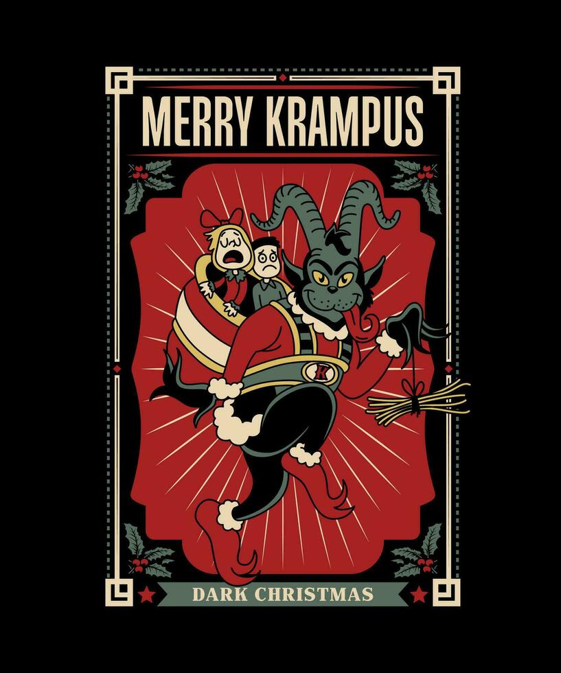 Merry Krampus Dark Christmas. Funny Christmas Cartoon Illustration. vector