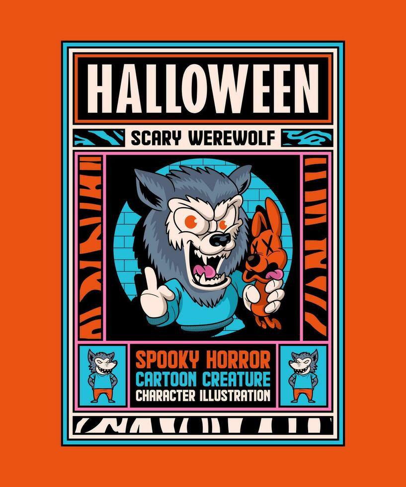Halloween Scary Werewolf. Spooky Horror Cartoon On Art Deco Illustration Style. vector