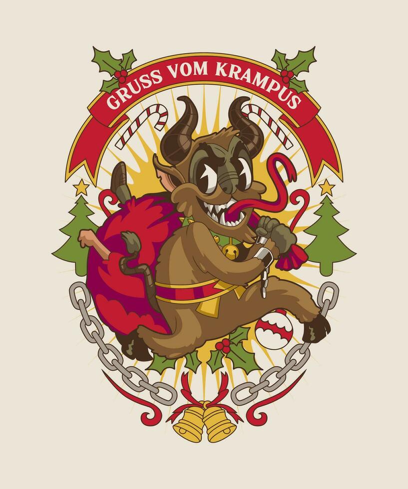 Gruss Vom Krampus. Funny Christmas Cartoon Illustration. vector