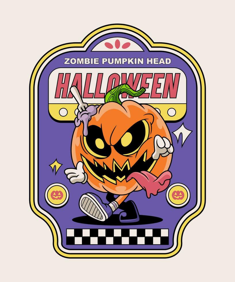 Zombie Pumpkin Head Halloween. Spooky Horror Cartoon On Art Deco Illustration Style. vector