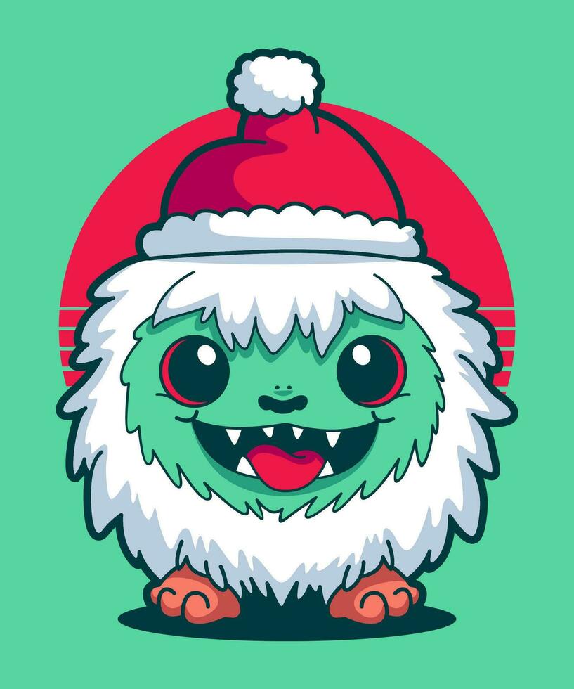Christmas Monster Wearing Santa Claus Hat 05. Cartoon Illustration Style. vector