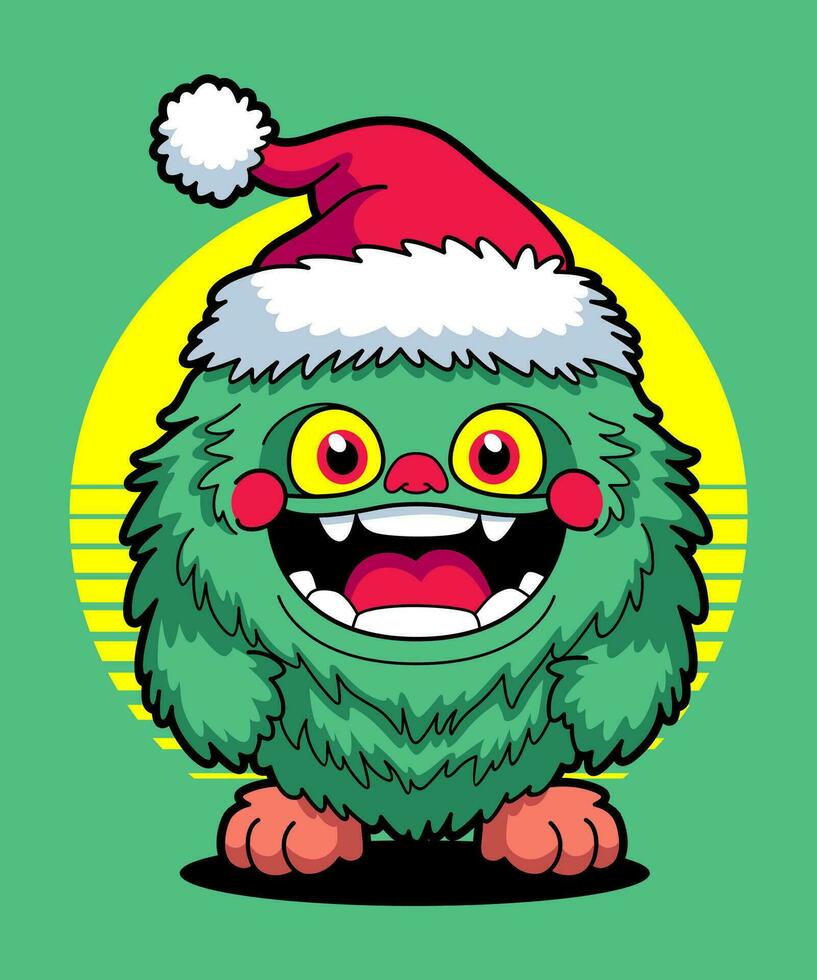 Christmas Monster Wearing Santa Claus Hat 08. Cartoon Illustration Style. vector