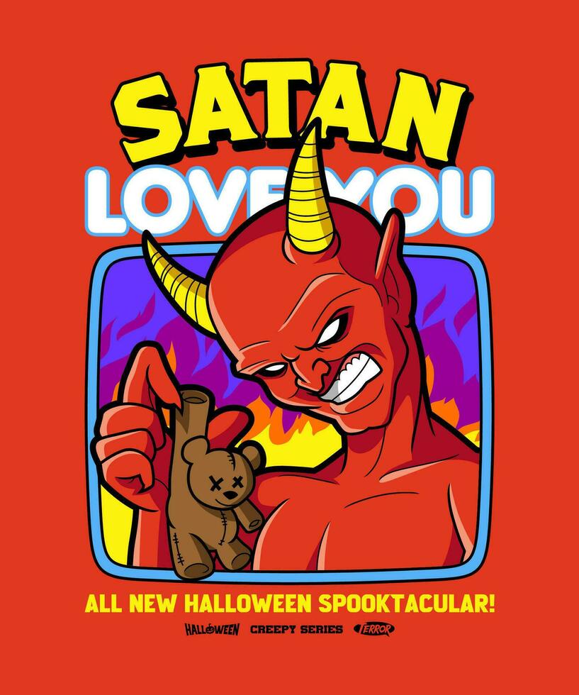 Satan love you. Spooky Horror Cartoon Illustration Style. vector