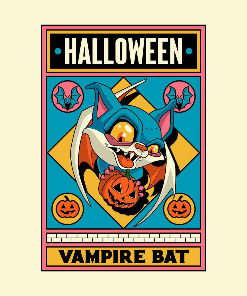 Halloween Vampire Bat. Spooky Horror Cartoon On Art Deco Illustration Style. vector