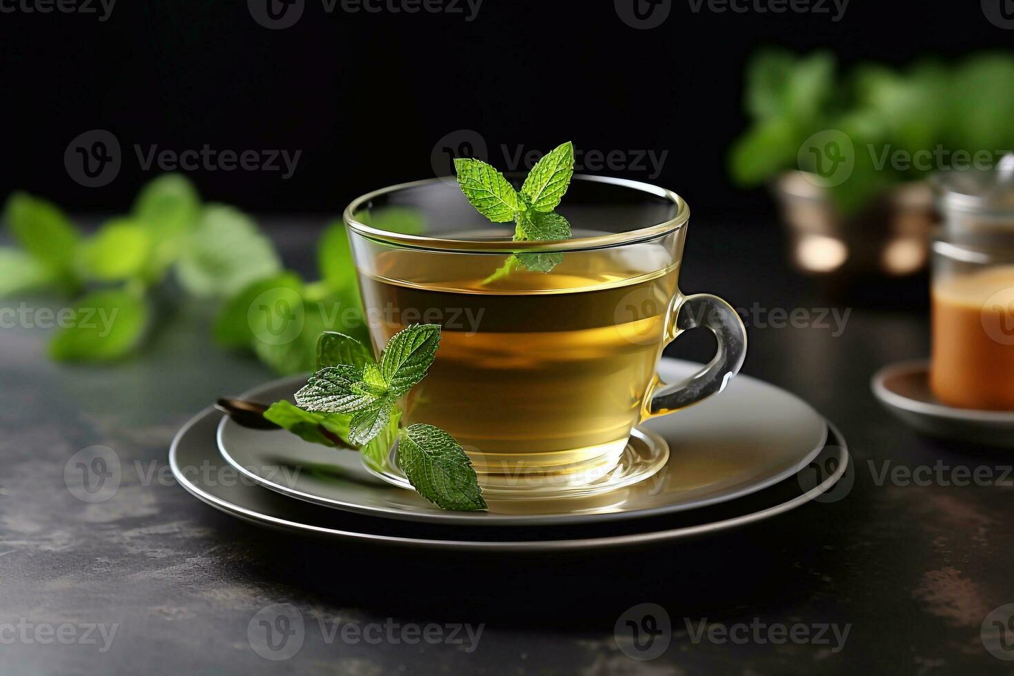 A photo of Cup of green tea with mint leaves on dark background, closeup Generative AI