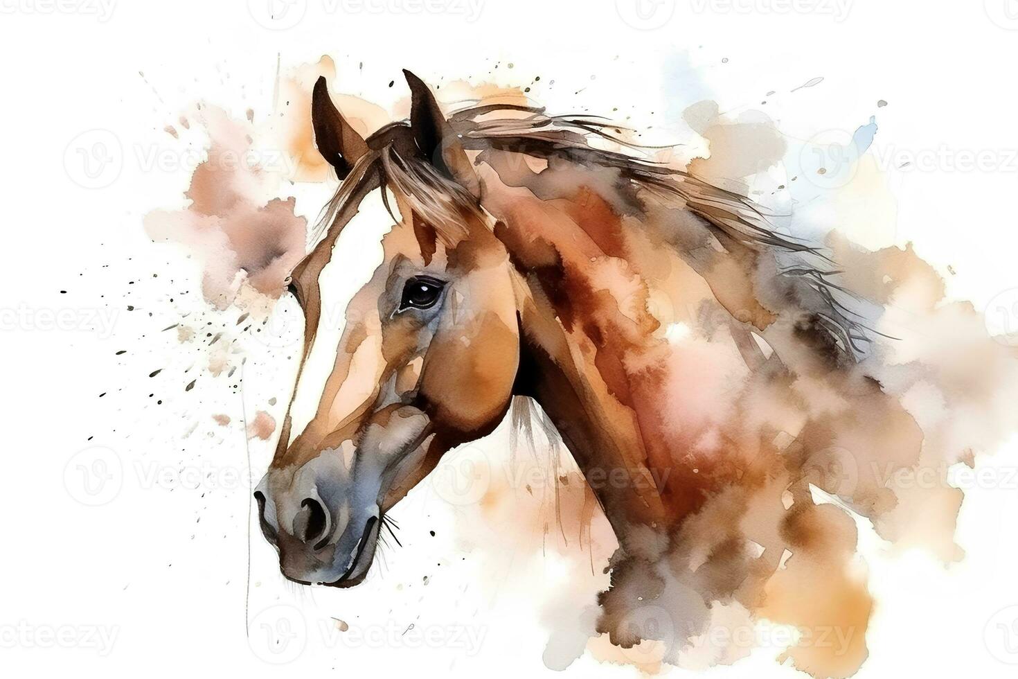 Watercolor portrait of a horse with splashes of paint on a white background. AI generated illustration. photo