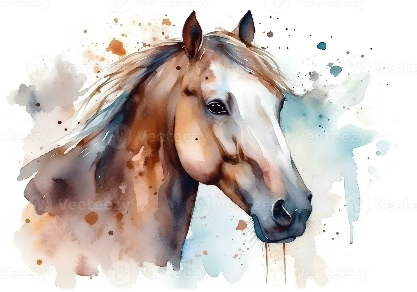 Watercolor portrait of a horse with splashes of paint on a white background. AI generated illustration. photo