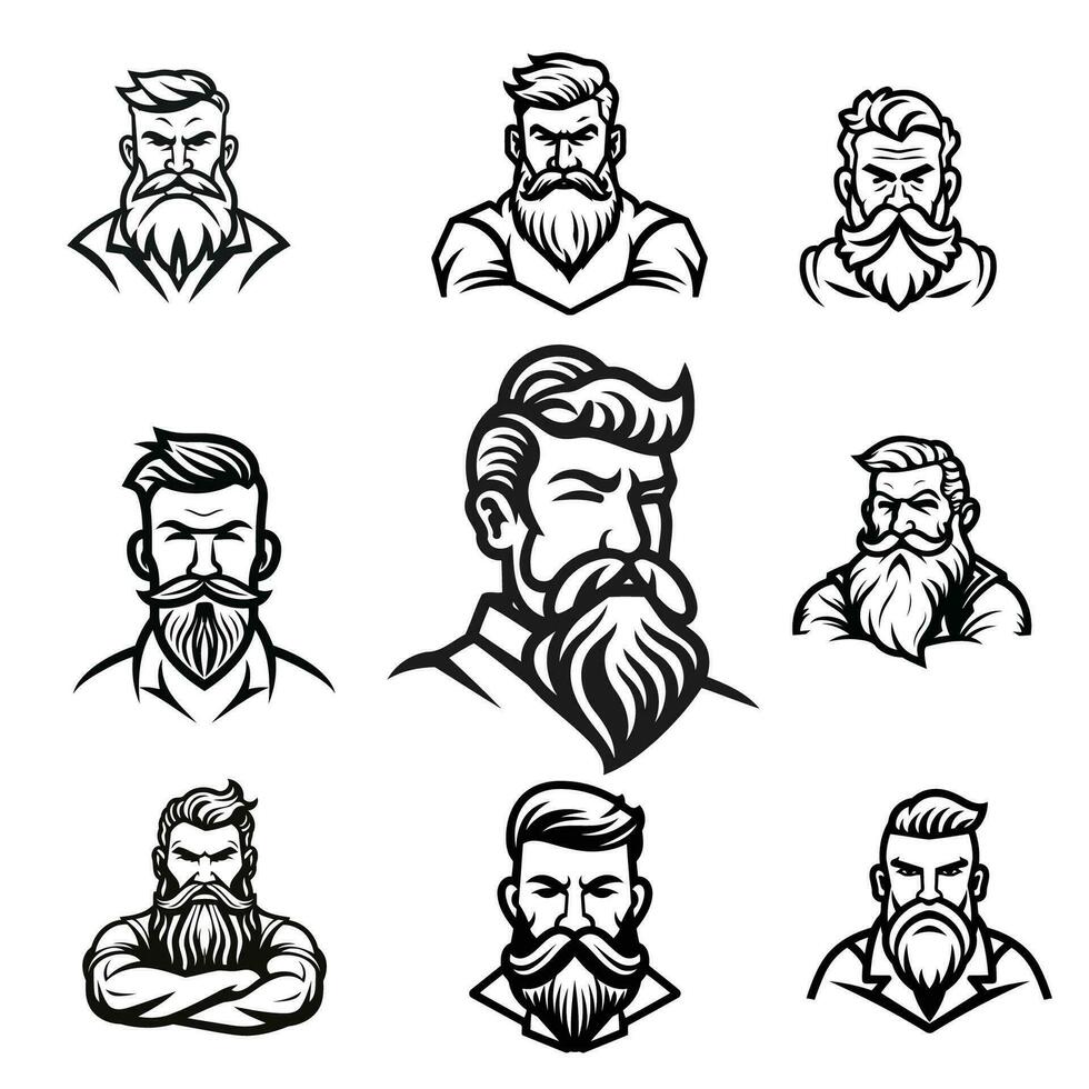 Set of hipster men with different hairstyles. Vector illustration.