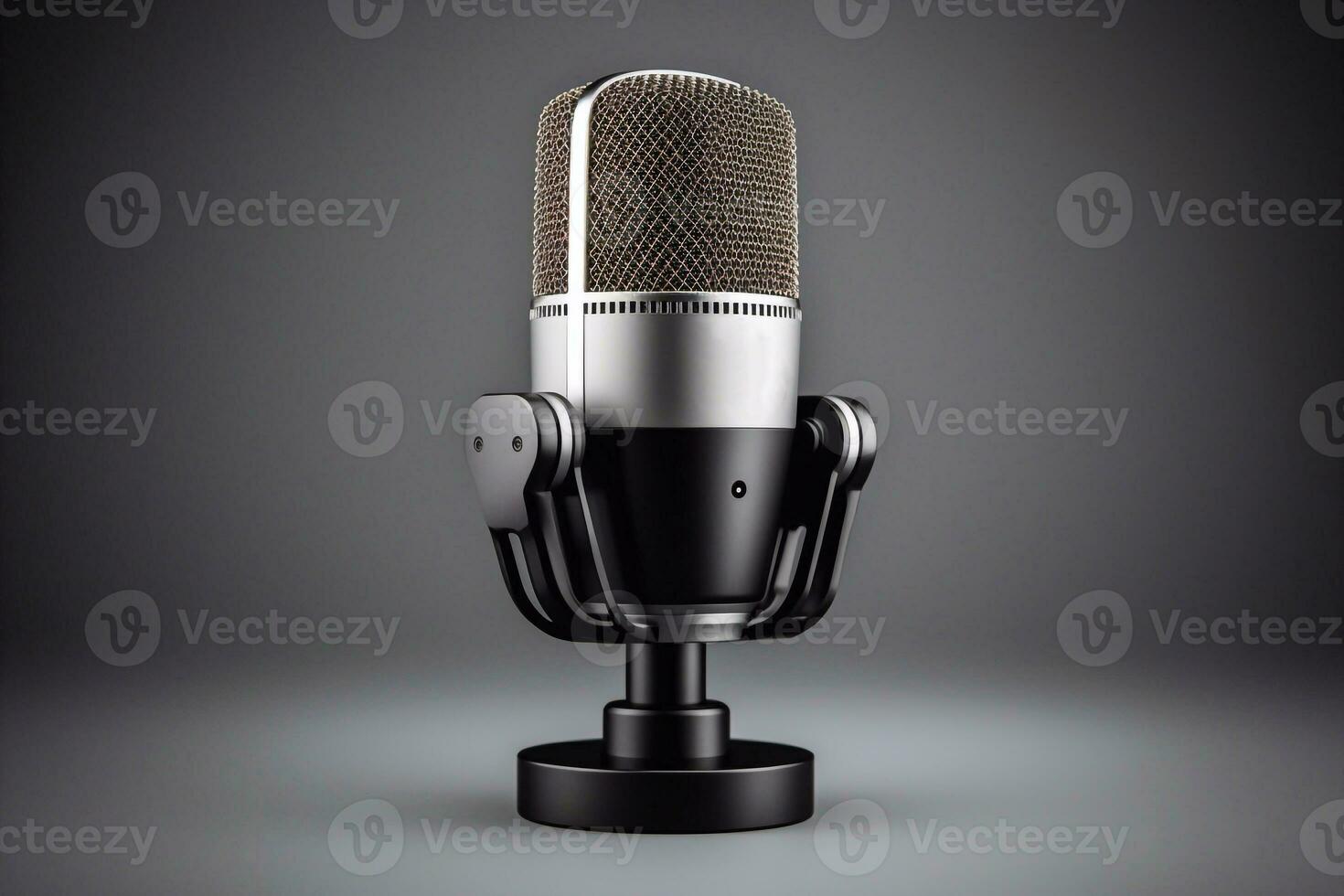 3d rendering of a microphone on a gray background. Studio shot. broadcast, radio, speak, sing, voice, mic and speech concept Generative AI photo
