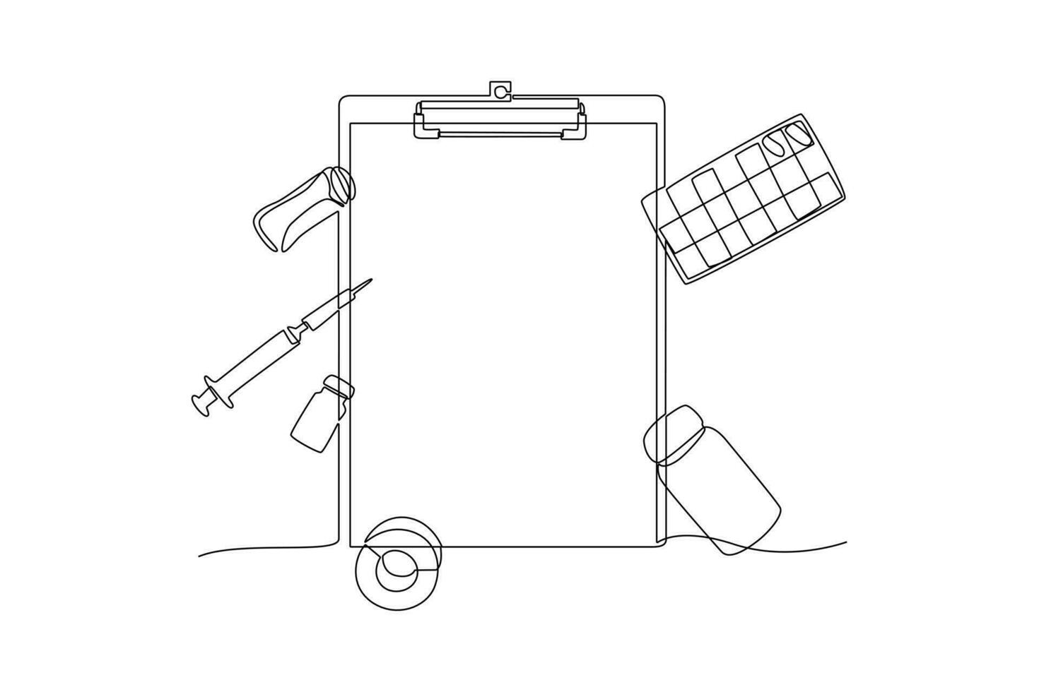 uno continuo línea dibujo de productos farmacéuticos y medicamento. médico concepto. garabatear vector ilustración en sencillo lineal estilo.