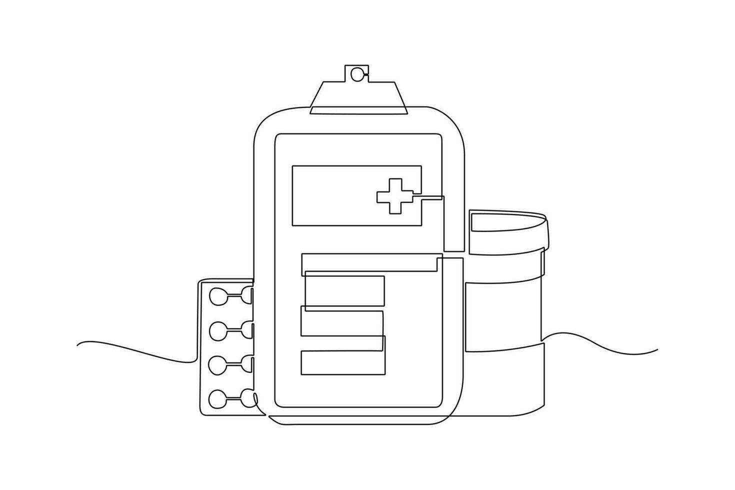 uno continuo línea dibujo de productos farmacéuticos y medicamento. médico concepto. garabatear vector ilustración en sencillo lineal estilo.