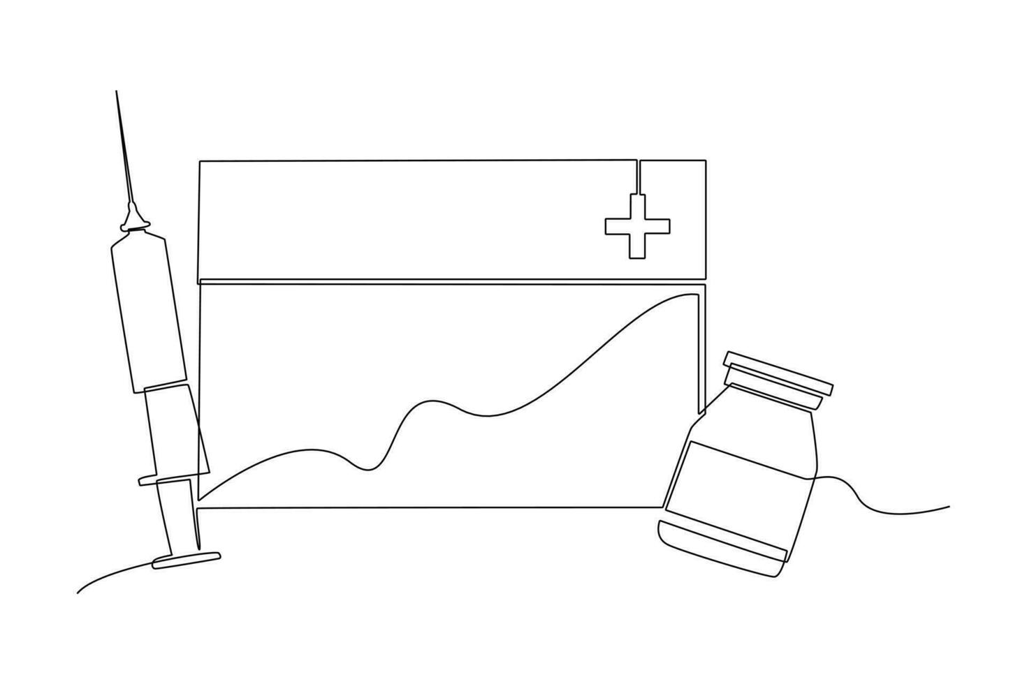 uno continuo línea dibujo de productos farmacéuticos y medicamento. médico concepto. garabatear vector ilustración en sencillo lineal estilo.