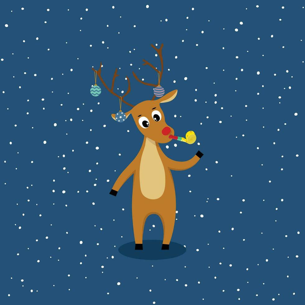 Cute reindeer with party blower flat vector in cartoon style. Christmas concept.