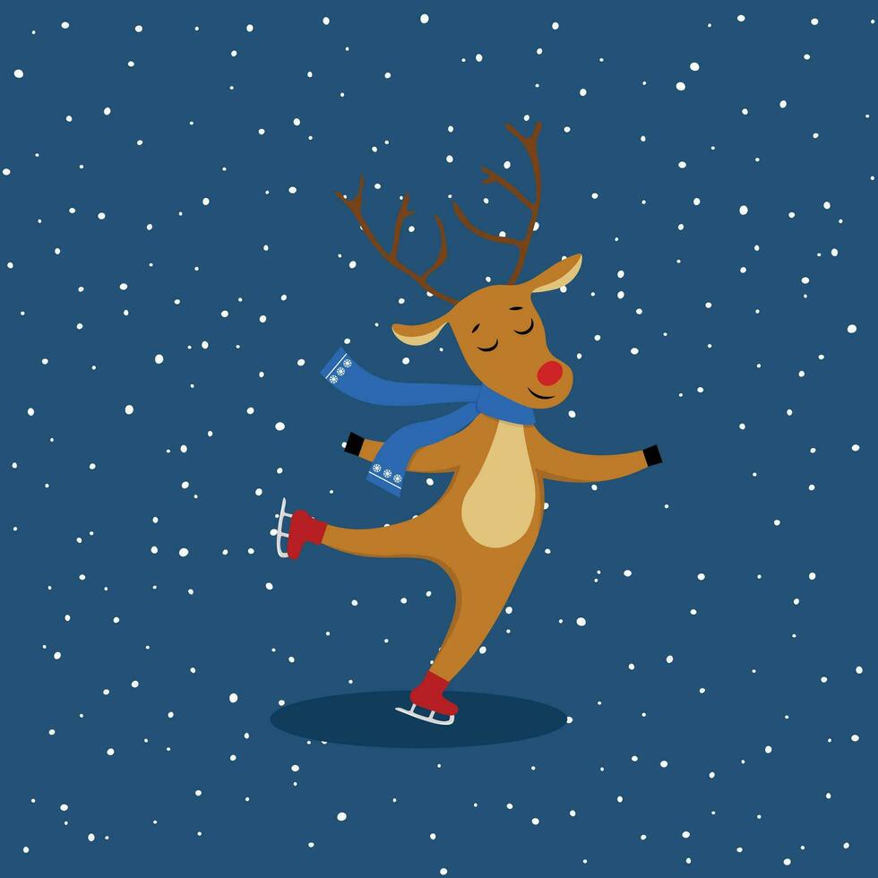 Cute reindeer is skating vector in cartoon style. Christmas concept.