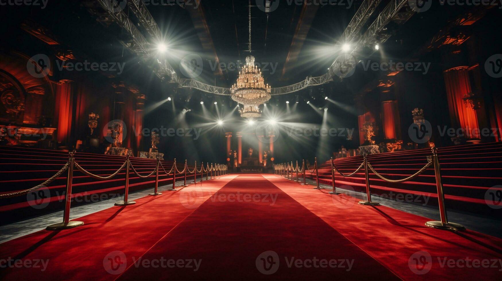A photo of Rows of people walking on red carpet in theater, movie