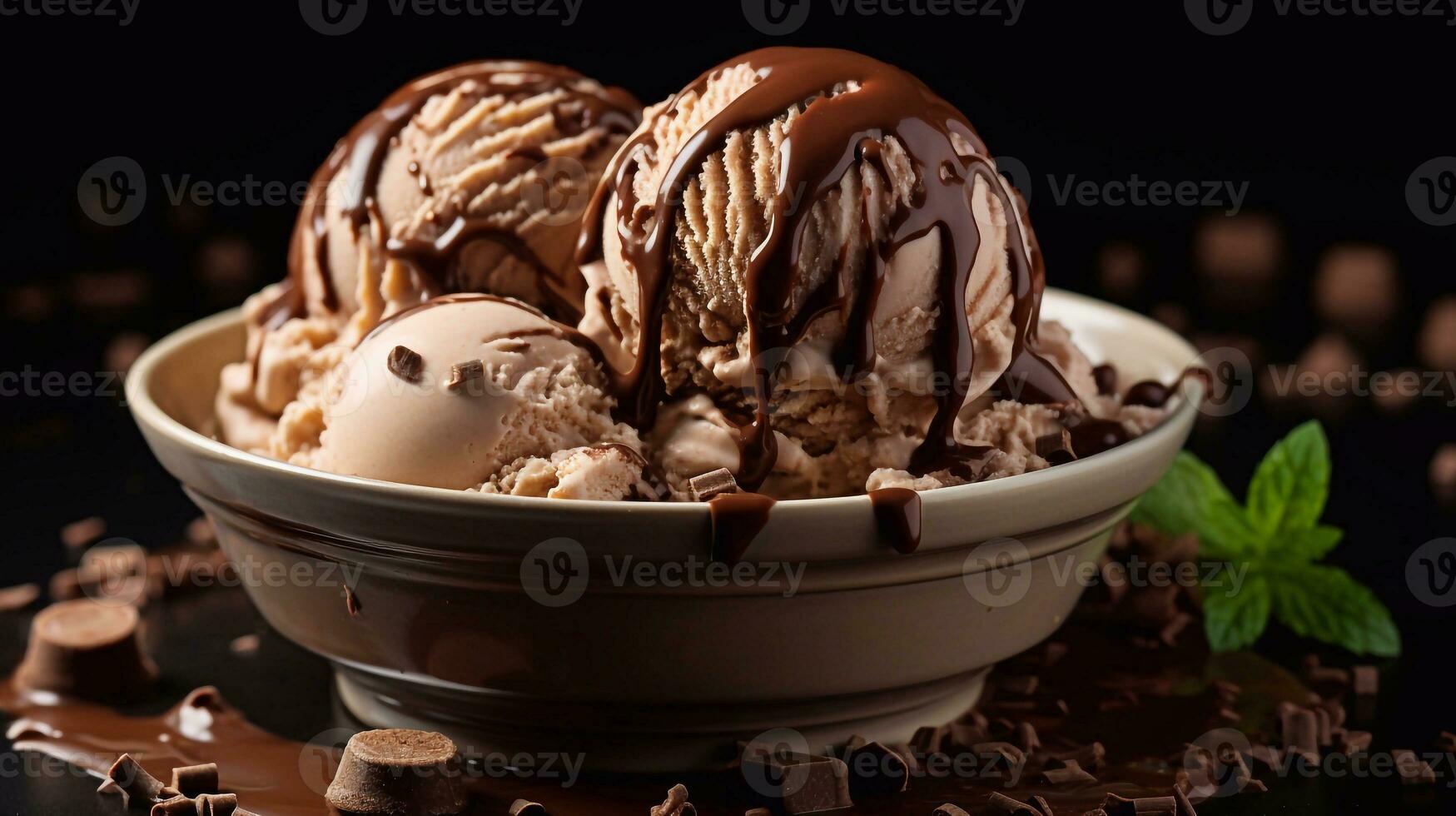 a photo of Chocolate ice cream with chocolate topping in a bowl on black background Generative AI