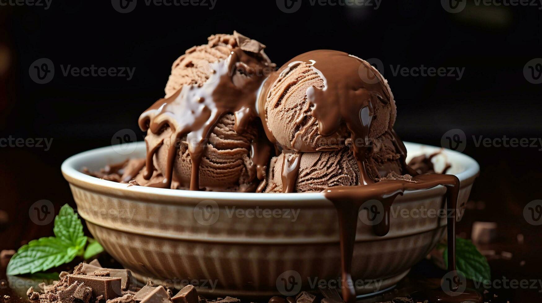 image of Chocolate ice cream with chocolate topping in a bowl on black background Generative AI photo