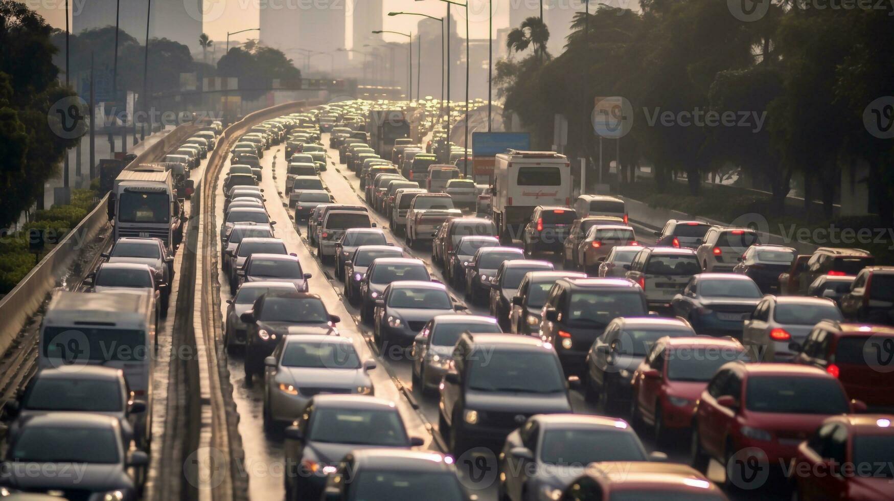 Traffic jam in road. Traffic jam at rush hour. traffic block at road Generative AI photo