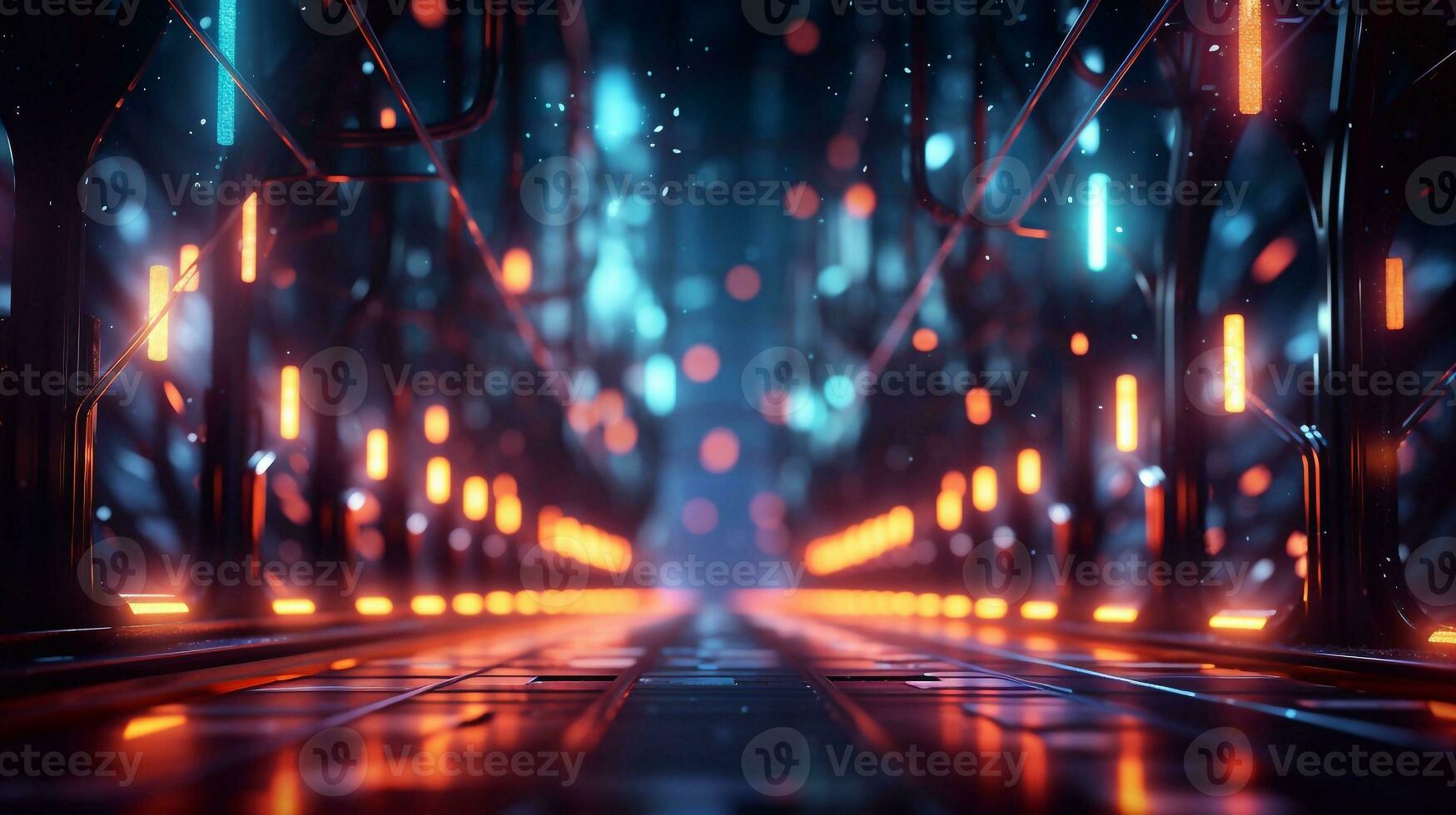 Futuristic corridor with neon lights and reflections 3D rendering background Generative AI photo