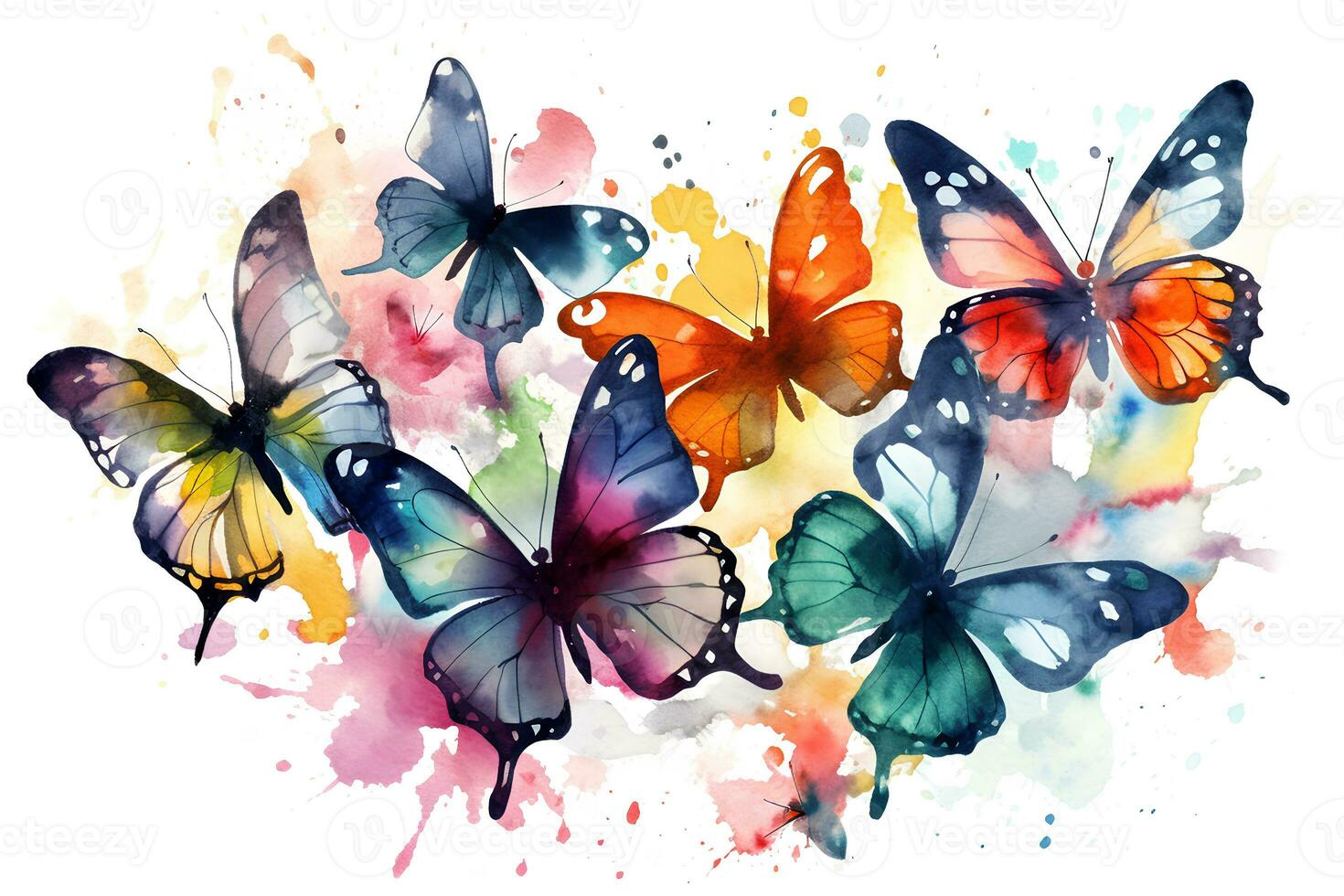 Watercolor butterflies, moths with splashes of paint on a white background. AI generated illustration. photo