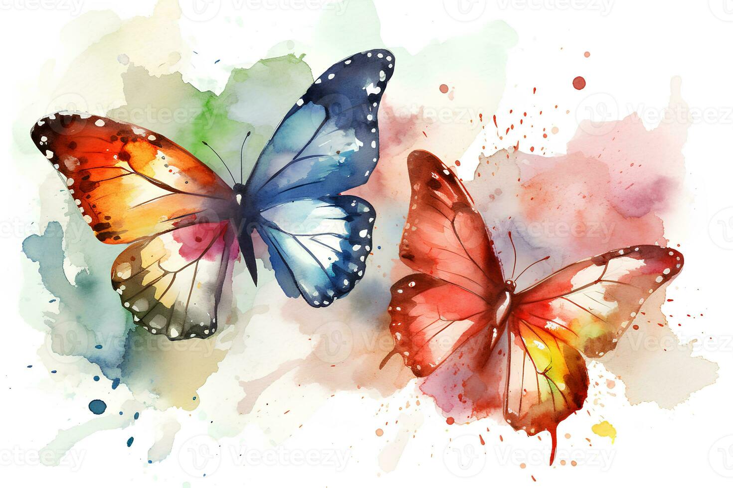 Watercolor butterflies, moths with splashes of paint on a white background. AI generated illustration. photo