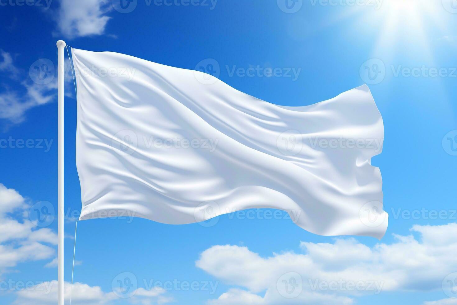 A image of white Flag on sky and clouds background copy space, mockup concept Generative AI photo