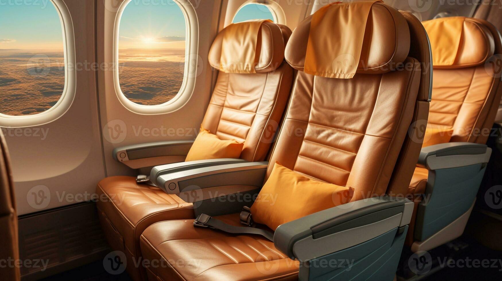 a image of Airplane interior with seats and window view on the clouds and sky Generative AI photo