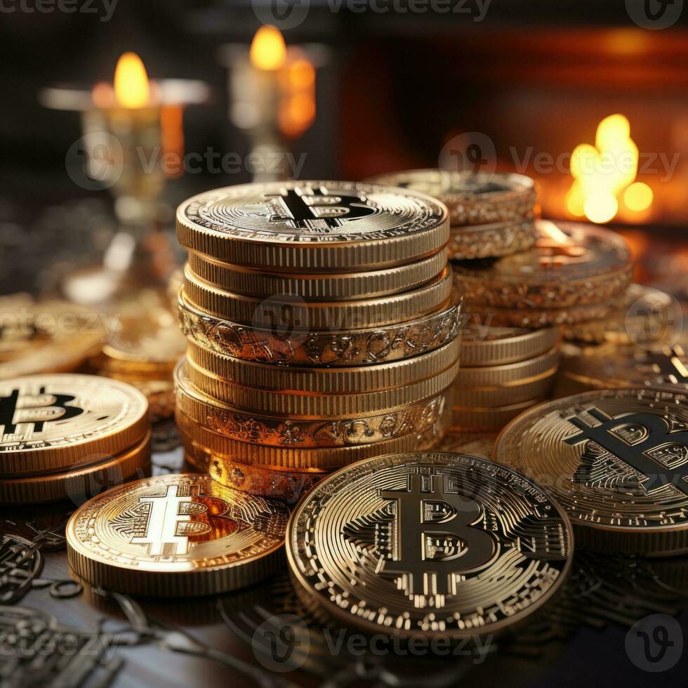 Bitcoins on a wooden table, close up. Cryptocurrency concept Generative AI photo